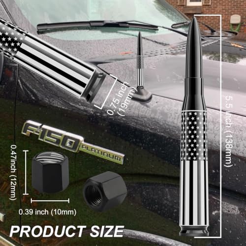 Image of Car Truck Antenna with Tire Valve Caps Ring American Flag Universal Short Replacement for GMC Sierra Chevy Silverado Dodge Ram 1500 2500 3500 Ford F150 F250 F350 Super Duty Raptor Accessories, Black