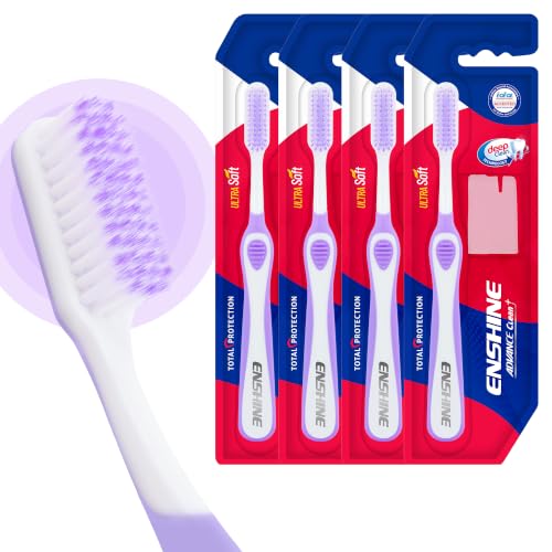 Image of Enshine Advance Clean+ Soft Toothbrush for Adults - Pack of 4 | Ultra Soft Tapered PBT Bristles | Tooth Brush Set with Non-Slip Grip | Manual Toothbrushes for Sensitive Gums & Enamel | Purple Color