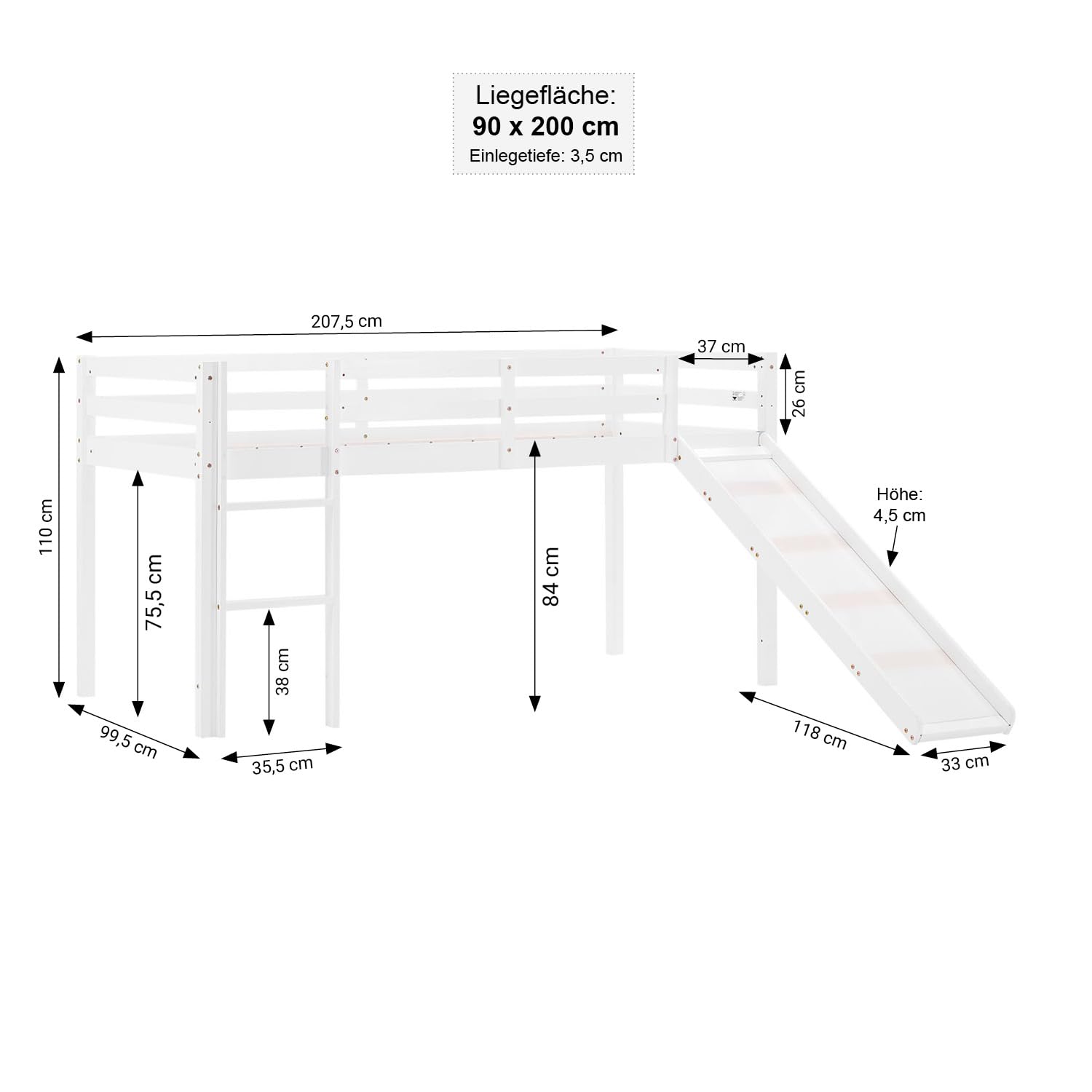 Homestyle4u Lit mezzanine avec toboggan - 90 x 200 cm - Blanc - Pour fille - En pin massif - Avec rideau - Violet et beige - Échelle et protection contre les chutes