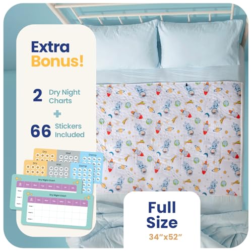 Image of IMPROVIA Pee Pads for Kids - Bed wetting Pads for Kids Potty Training Bed mats for Toddlers Waterproof Reuseable Washable Absorbent, Non Slip - Space Design - Full Size 34 inchx52