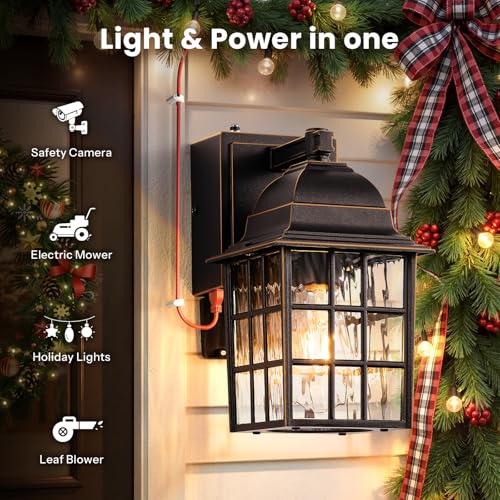Image of Gleamz Dusk to Dawn Outdoor Porch Light with GFCI Outlet, Farmhouse Oil Rubbed Bronze Gold Trim Exterior Garage Lighting Fixtures Wall Mount for House, Anti-Rust Waterproof Outside Wall Sconce Lantern