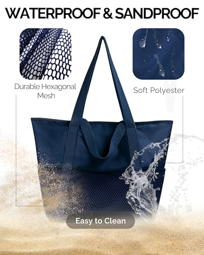 Image of HOMESPON Beach Bag Large Waterproof Sandproof Tote for Women with Zipper and Mesh Pockets