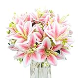 FOUSUKA 4 Bundles Artificial Tiger Lily Silk Flowers Faux Fake Lilies Plants for Wedding Bouquet Home Party Indoor Table Hotel Office Vases Floral Arrangements Outdoor Garden Decor (Pink)