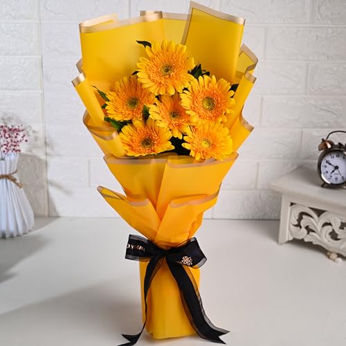 Image of FlowerAura Premium Fresh Live Flower Bouquet of 6 Yellow Gerberas In Designer Paper Gift For Birthday | Anniversary | Love | Home Decor | Fathers Day Gift For Dad (Same Day Delivery)