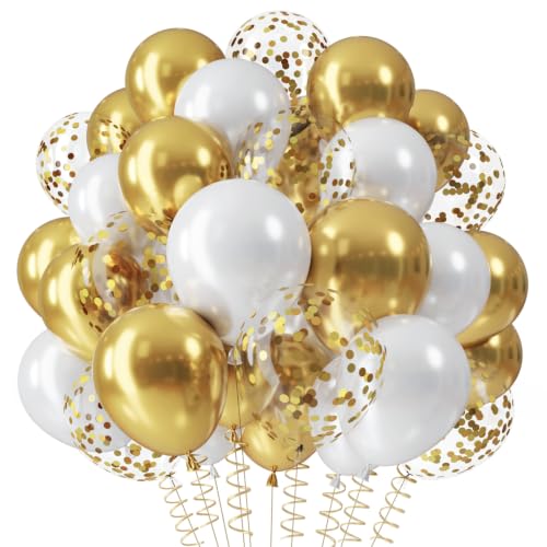 QIFU Luftballons Weiß Gold 12 Zoll Weiß Ballons Geburtstag Luftballons Gold Konfetti für Graduierung Jungen Mädchen Party Deko EID Mubarak Ramadan Baby Shower Dekoration Luftballon Hochzeit New Year
