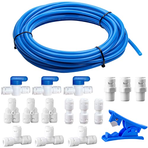 GALDOEP Water Supply Pipe Tube Connectors Kit,1/4'' Push fit Connectors15 PCS (T + I + Y Combo Type + Shut-Off Valve + Straight) + 10m Water Pipe