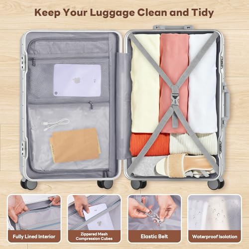 Image of Carry On Luggage, Aluminum Frame Zipperless Suitcase, Silver, 20 in | Airline Approved, Hardside, TSA Lock, 360Spinner Wheels, PC, Wet and Dry Separation Pocket, Cup and Phone Holder, Side Hook