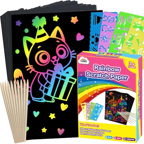 ZMLM Scratch Paper Art Crafts Kids Gifts, 100PCS Rainbow Scratch Paper Art for 3 4 5 6 7 8 9 Years Old Girls Boys, Arts and Crafts for Kids 4-6, Birthday Gifts Toys and Party Favors (Pink)