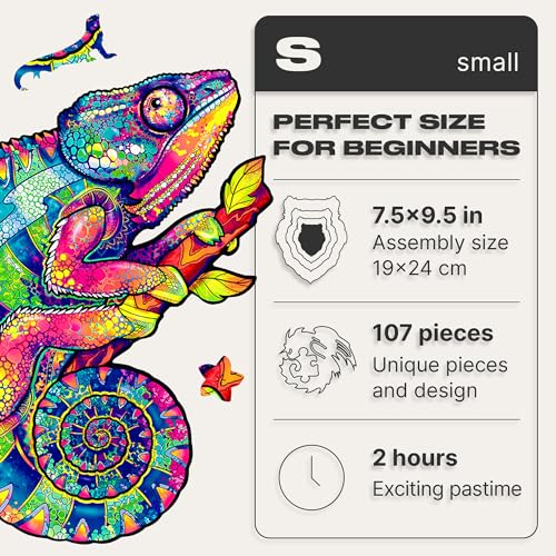 UNIDRAGON Original Wooden Jigsaw Puzzles - Iridescent Chameleon, 107 pcs, Small 7.5"x9.5", Beautiful Gift Package, Unique Shape Best Gift for Adults and Kids - Image 3