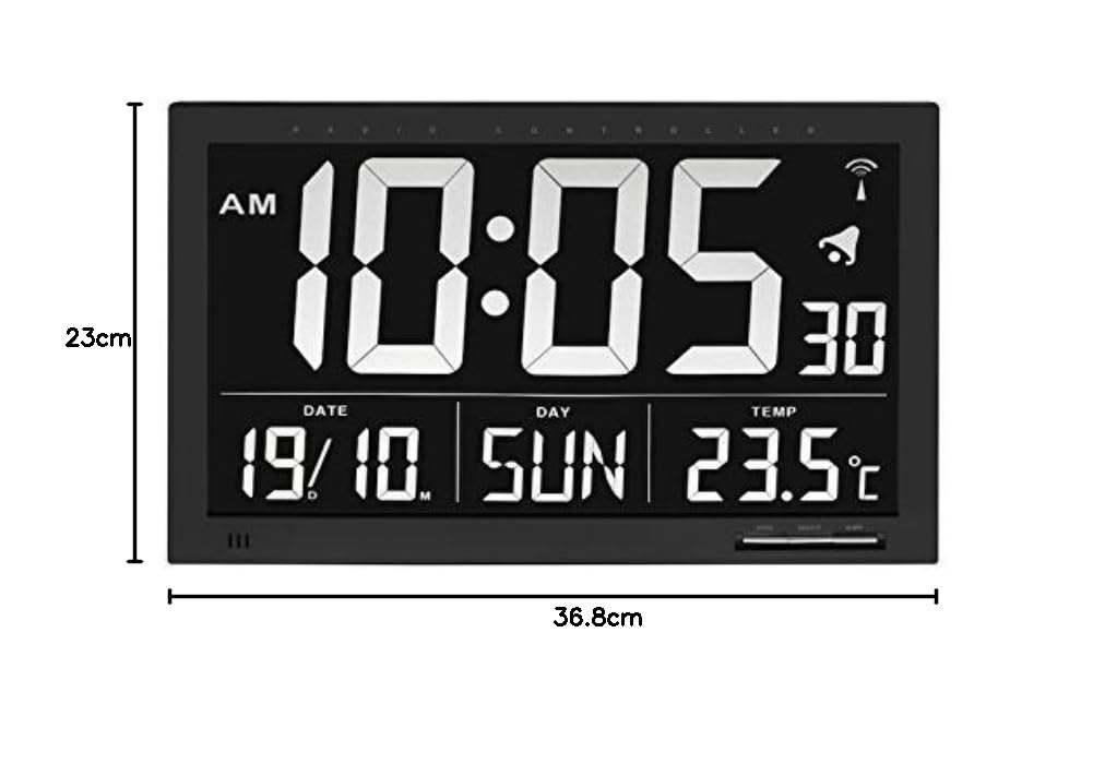 TFA Dostmann Digitale XL Funkuhr, Wanduhr,60.4505, mit Temperatur, 24h Anzeige, groß, schwarz, L 368 x B 29 (86) x H 230 mm