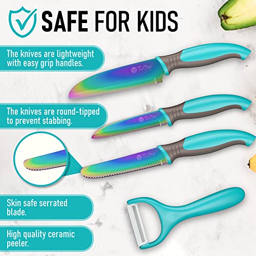 Truchef Kids Knife Set For Cooking – 5 Piece Kids Cook Set In Aqua – Kids Cooking Supplies With Kids Chef Knife, Kids Paring Knife, Kids Peeler, Kids Serrated Knife & Universal Holder #TOP1