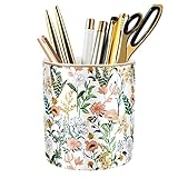 WAVEYU Large Capacity Colored Pen Holder for Desk, Ceramic Pencil Holder Pen Cup Marker Holder Makeup Brush Holders, Desk Accessories & Workspace Organizers for Home, Office, White Flower