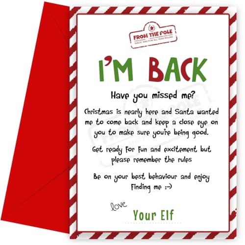 Elf Arrival Card for Kids - Funny Elf I'm Back Letter - Kids' Christmas Arrival Card with Heartfelt Welcome from Santa's Elf - Perfect for Boys & Girls, Sons, Daughters, Nieces, & Nephews