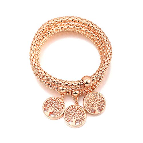 Sebrdbe Life Tree Pendant Bracelet Corn Chain Bracelet, 3PC Bracelet Set Gold/Silver/Rose Gold Tone Crystal Charm Multilayer Bracelet, Suitable for Girls Beaded Charm Bracelet (Rose Gold)