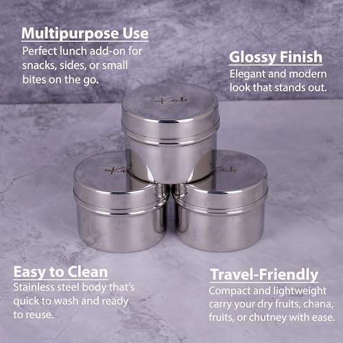 Image of Stainless Steel Masala Box Set of 3 with Lid (120ML Each), Small Spice Container Set, Steel Storage for Masala, Pickle, Chutney, Mukhwas, Clove, Portable Kitchen Organizer