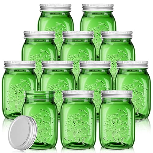 Pinkunn 12 Pcs Mason Jars with Lids 16 Oz Regular Mouth Pint Canning Vintage Glass Jars Bulk Airtight Multifunction Mason for Storage Canning Pickling Preserving Fermenting(Dark Green)