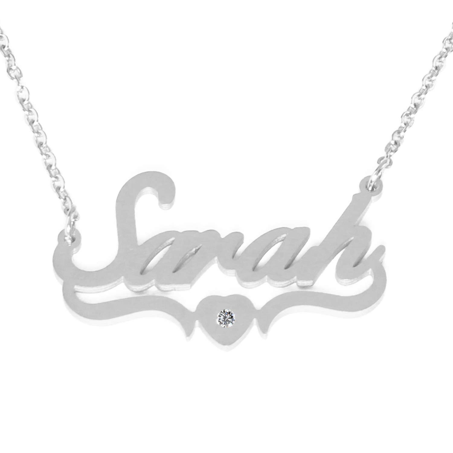 KiguSarah Personalised Heart Shaped Name Necklace Adjustable Chain - Silver Tone - Incl Gift Packaging