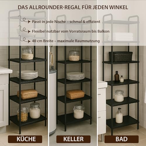 ABBAware Standregal mit 6 Ebenen - 40 x 30 x 135 cm Kunststoff schwarz - schmales Regal für Küche, Bad, Keller & Abstellraum - Badezimmerregal & Kellerregal ohne Bohren - schmales Regal