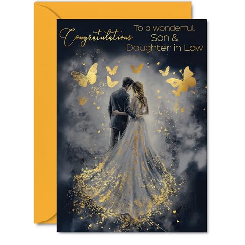 Son & Daughter in Law Wedding Card - Gold Butterflies Happy Couple - Golden Marriage Congratulations Card from Mom Dad, A5 Butterfly Well Done Congrats Gifts Greeting Cards