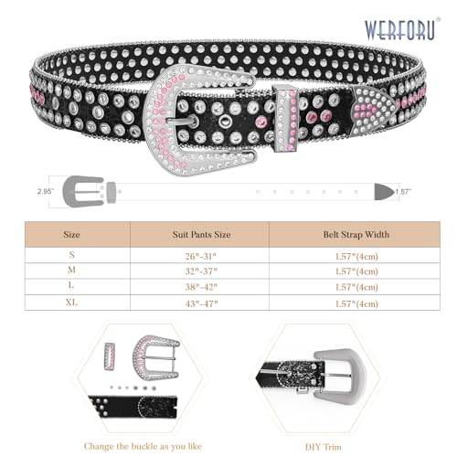 Image of WERFORU Women Men Western Rhinestone Studded Leather Belt Unisex Bling Cowgirl Cowboy Waist Belt for Jeans Pants Dress