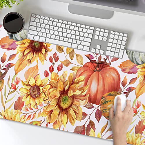 Image of Fall Pumpkin Sunflowers Mouse Pad XXL Watercolor Retro Autumn Leaves Floral Extended Desk Mat Non-Slip Rubber Base Stitched Edge Large Thanksgiving Mousepad for Gaming Laptop Computer 35.4x15.7 Inch