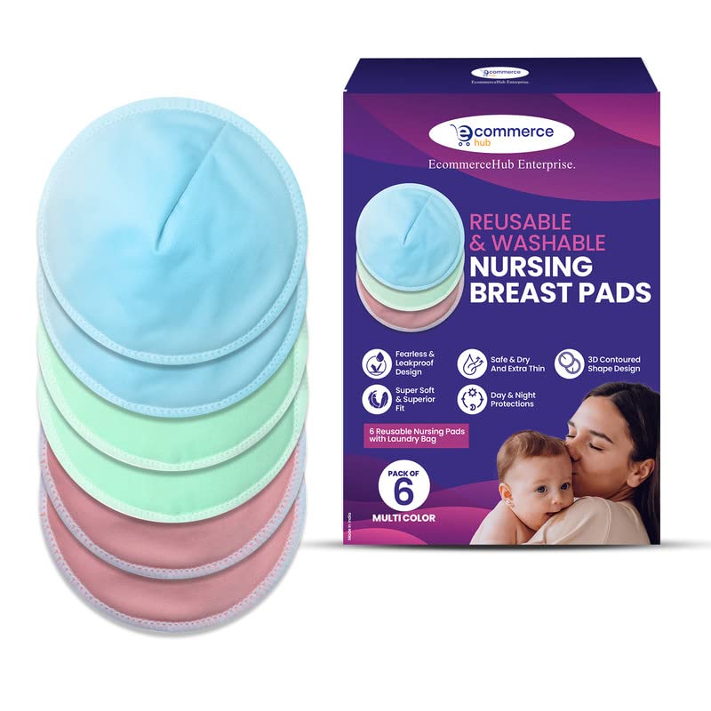 Reusable Washable Nursing Breast Pads -6 Pcs- 3D Contoured Shape For Sung Fit,Prevents Staining on Cloth, Breast Milk Leakage Pads, Feeding Pads, Reusable Breastfeeding pads for Mothers, Milk Soak Pad,Multicolor