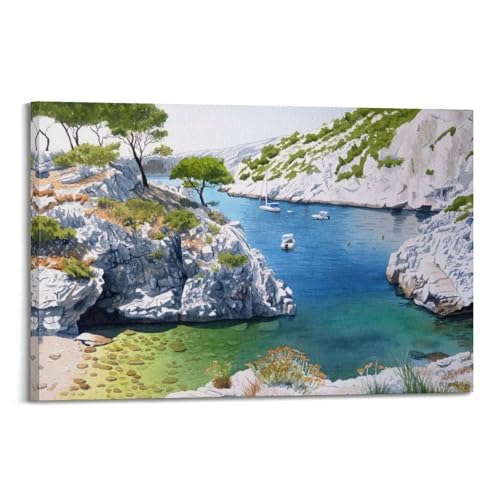 Poster Moderne Fjord Quiet Harbor Aquarelle Clear Bleeding Toile