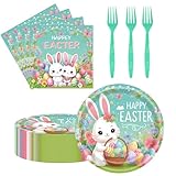 75 Pcs Easter Day Tableware Set Party Supplies,Happy Easter Bunny Party Disposable Decorations Paper Plates Napkins Forks for Kids Spring Celebrations Picnic Favors, Serve 25