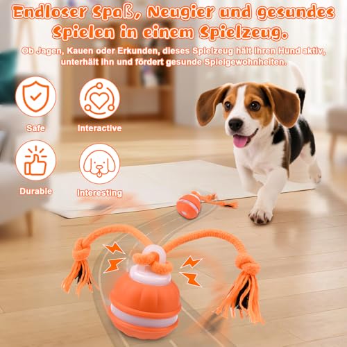 Interaktives Hundespielzeug, Hundespielzeug Unzerstörbar, Interaktiver Spielball für Hunde, Hundeball Elektrisch Ball mit Schwanz 3 Spielmodi 3 Kauschnüren USB,Intelligentes Hundespielzeug Ball(Orange