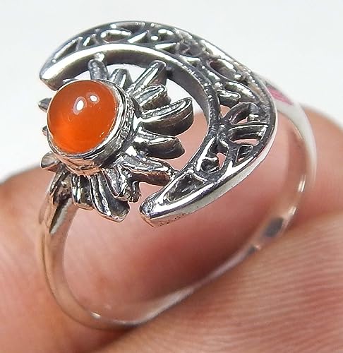 Crescent Moon And Sun Carnelian Round 925 Sterling Silver Carnelian Ring Jewelry for Good Luck Promise Ring Vintage Ring Birthday Gift Gift For Her4