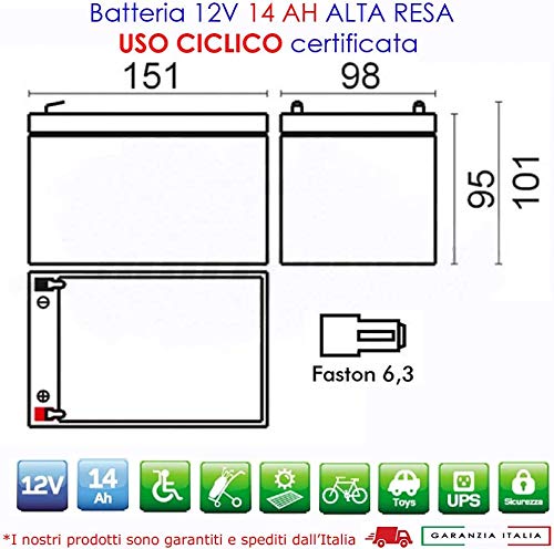 ANFEL Batteria 12 Volt 14 ah Ricaricabile per Uso CICLICO 6DZM per Bici Elettriche monopattini sollevatori carrozzine Scooter Alta RESA Rinforzata