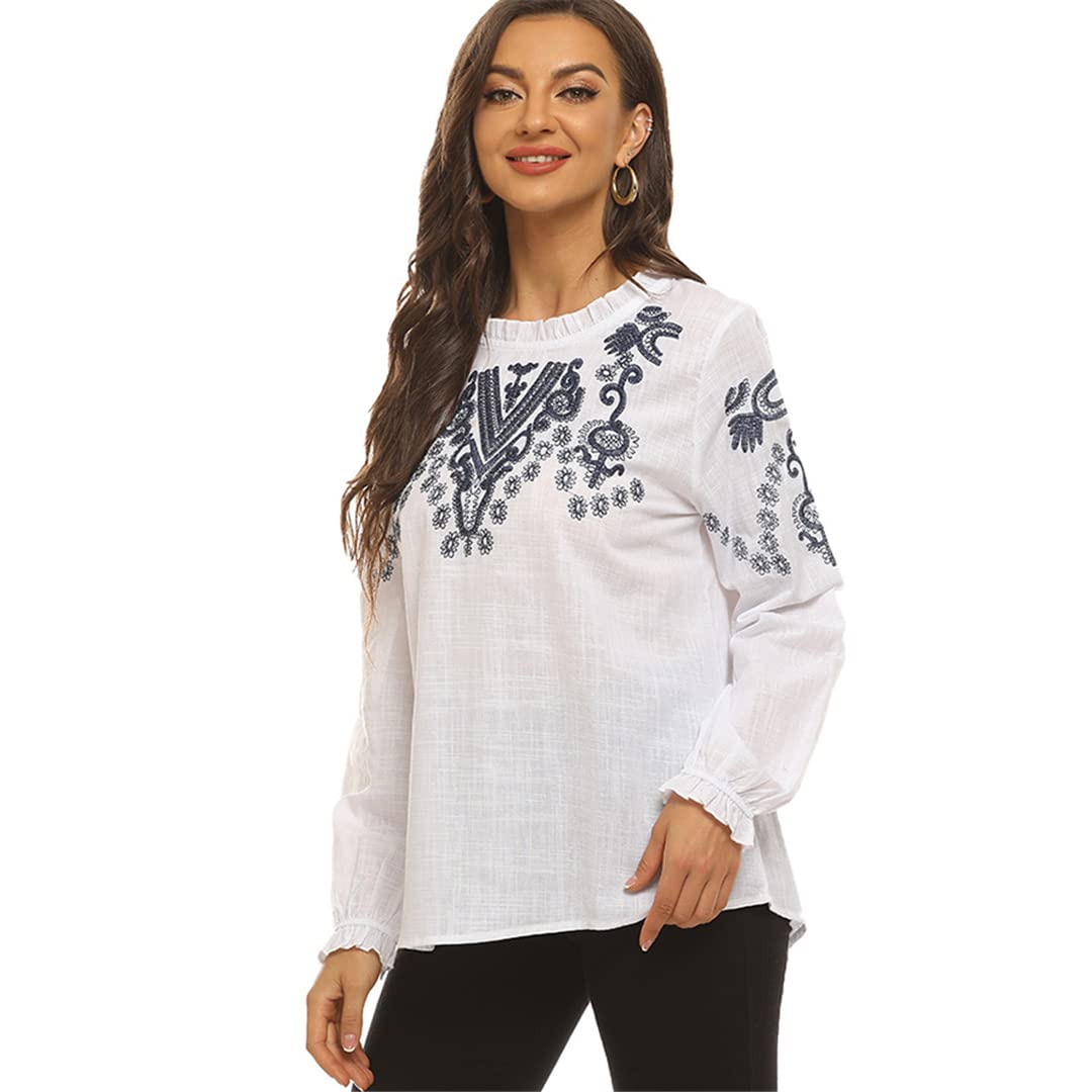 Boho haftowane bluzki koszula okrągły dekolt biała bawełniana koszula vintage długi rękaw damski etniczny top
