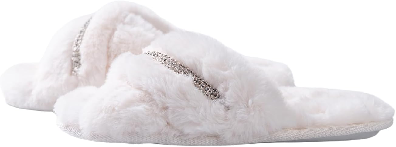 Women's Fuzzy Slippers Cross Band House Shoes Memory Foam Open Toe Slippers for Color: White/Crystal Size 8-8.5 - Image 4