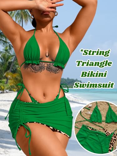 Image of ShawGobow Womens 3 Piece Leopard Bikini Set,Triangle String High Cut Thong Sexy Swimsuit & Coverup Skirt,Pool Party Outfit