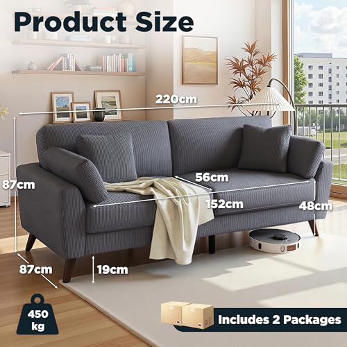 LUXOAK 220 cm veliki trosjed od somota, duboko sjedalo tapecirano sa jastucima, moderan dizajn s visokim nogicama, visina sjedišta 48 cm, XXL kauč za dnevnu, spavaću ili gostinjsku sobu, siva