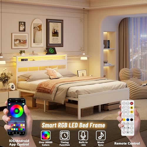 Image of Furnulem Queen Bed Frame with Storage Headboard and LED Lights, Metal Bedframe with Charging Station and USB Port, Queen Size Platform Bed with Heavy Duty Slats, No Box Spring Needed, White
