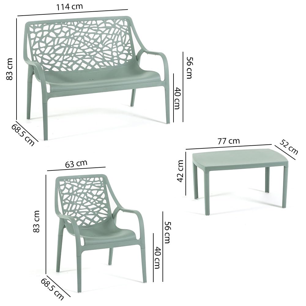 Set / Salon de jardin et extérieur en polypropylène avec fibre de verre 4 places, canapé deux places, 2 fauteuils et table basse, empilable, imperméable, design moderne - Set Maratea (vert sauve)