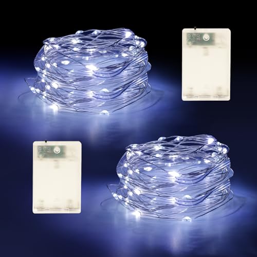 YPHSOL Fairy Lights Battery Operated String Lights 16.4ft 50LED Flashing and Constant Light Waterproof Silver Wire for Christmas DIY Party Wedding Decoration (White 2 Pack)