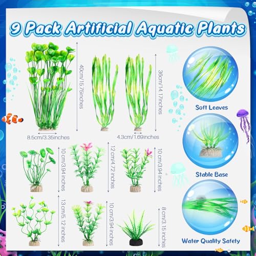 Image of Zeyune 15 Pcs Fish Tank Decorations Mountain Ornament Broken Barrel Sunken Ship Artificial Seaweed Water Plants Colorful Coral Reef for Fish Bowl Aquarium Decor (Green)