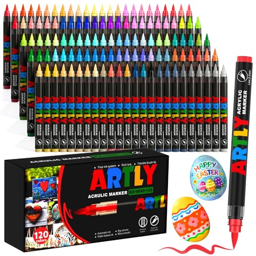 Efimeso 120 Couleurs de Feutre Acrylique Set de Marqueurs, Feutres Coloriage Adulte,Acrylic Marker à base d'eau pour Roche, Tissu,Céramique, Bois, Toile