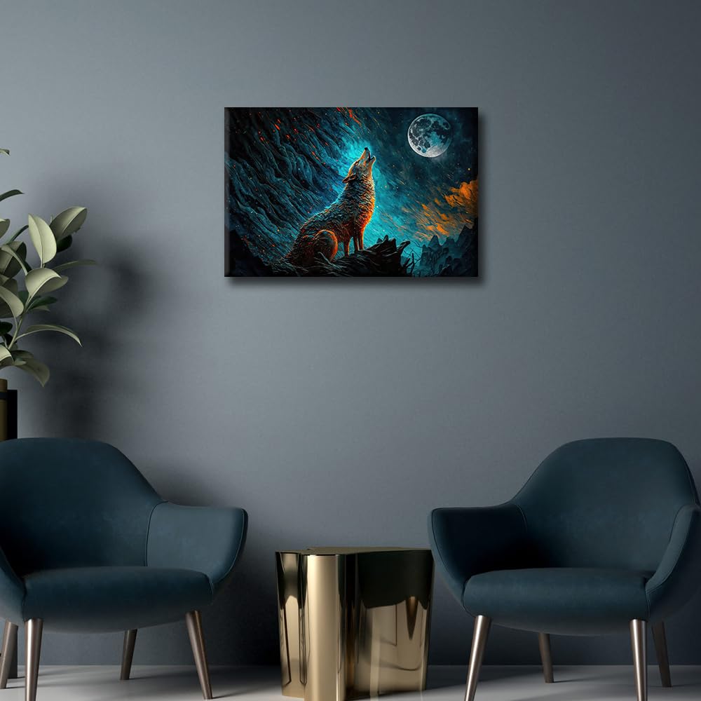 Wolf Wall Art Wolf Howling at Night Prints on Canvas Contemporary Wild Animal Oil Painting Wall Paintings Wall Decoration for Living Room Bedroom Framed 18"x12" - Image 2