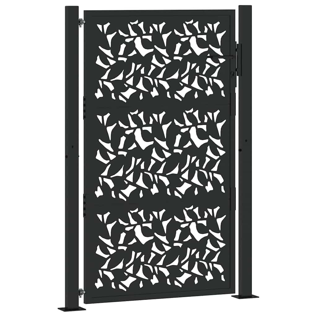 IKAYAA Puerta de Jardín 105x155 cm, Puerta para Valla con Sistema de Cerradura Acero Oxidado, diseño de Hojas Negro