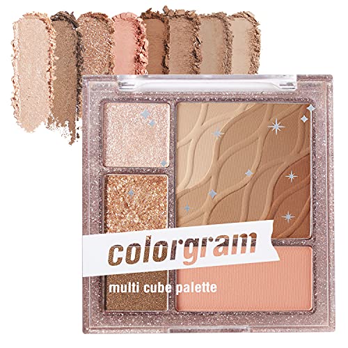 COLORGRAM Multi Cube Palette 5 Colors Eye Shadow - True Beauty K-Drama Makeup, Matte & Glitter Shades, Daily Natural Girlish Eye Makeup (#01 Basic Cube)