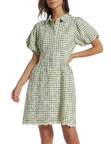 D-Sun Women's Shirt Dress Short Sleeve Summer Button Down Pleated Mini Dress Embroidered Gingham Casual Short Dresses
