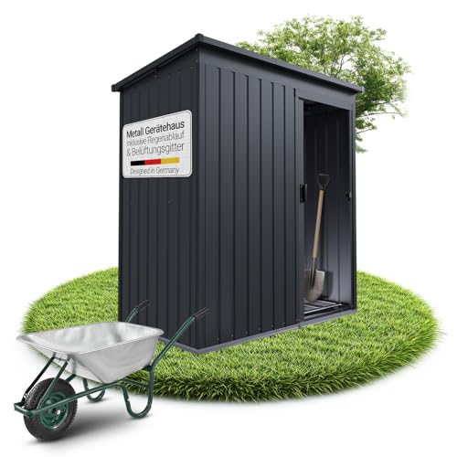 Juskys Metall Geräteschuppen S – Dunkelgrau, wetterfest mit Fundamentrahmen, Schiebetür & abschließbar - für Garten & Aufbewahrung