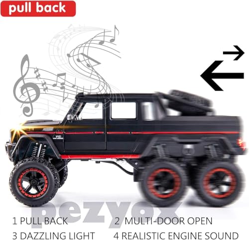 Image of 1 /22 Benz G63 AMG 6x6 V12 Off-Road Black Pickup Model Car, Zinc Alloy Pull Back Toy car with Sound and Light for Kids Boy Girl Gift (Black)