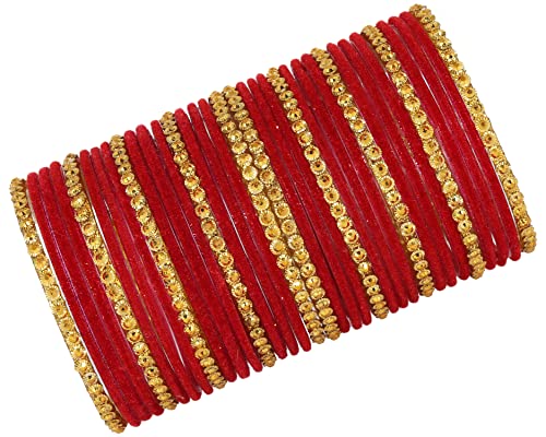 Image of NMII Premium Glass & Golden Beads Velvet Bangle Set For Women and Girls | Velvet Chudi | Traditional Chudi Set | Designer Girl's Bangles Bracelet | Wedding, Party, Festive, Daily- Set of 34