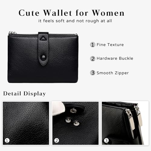 Small Wallet for Women Slim RFID Blocking Genuine Leather Credit Card Holder Bifold with Zipper Coin Pocket in Black (Apricot)4