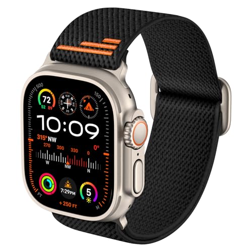 AMANECER Stretchy Nylon Watch Band Compatible with Apple Watch Ultra 2/1 SE Series 9/8/7/6/5/4/3, Metal Connector & Clasp - Adjustable Braided Elastic Strap for iWatch 49/45/44/42MM (Matte Black)