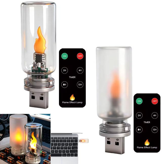 2PCS USB Flame Ambiance Light, Dynamic Flickering Mood Nightlight Plug in USB Interior Ambient Led Flame Lights,Car Ambient Lighting, LED Flame Light, Timing Mini Retro Glass Night Light for Car (A+B)